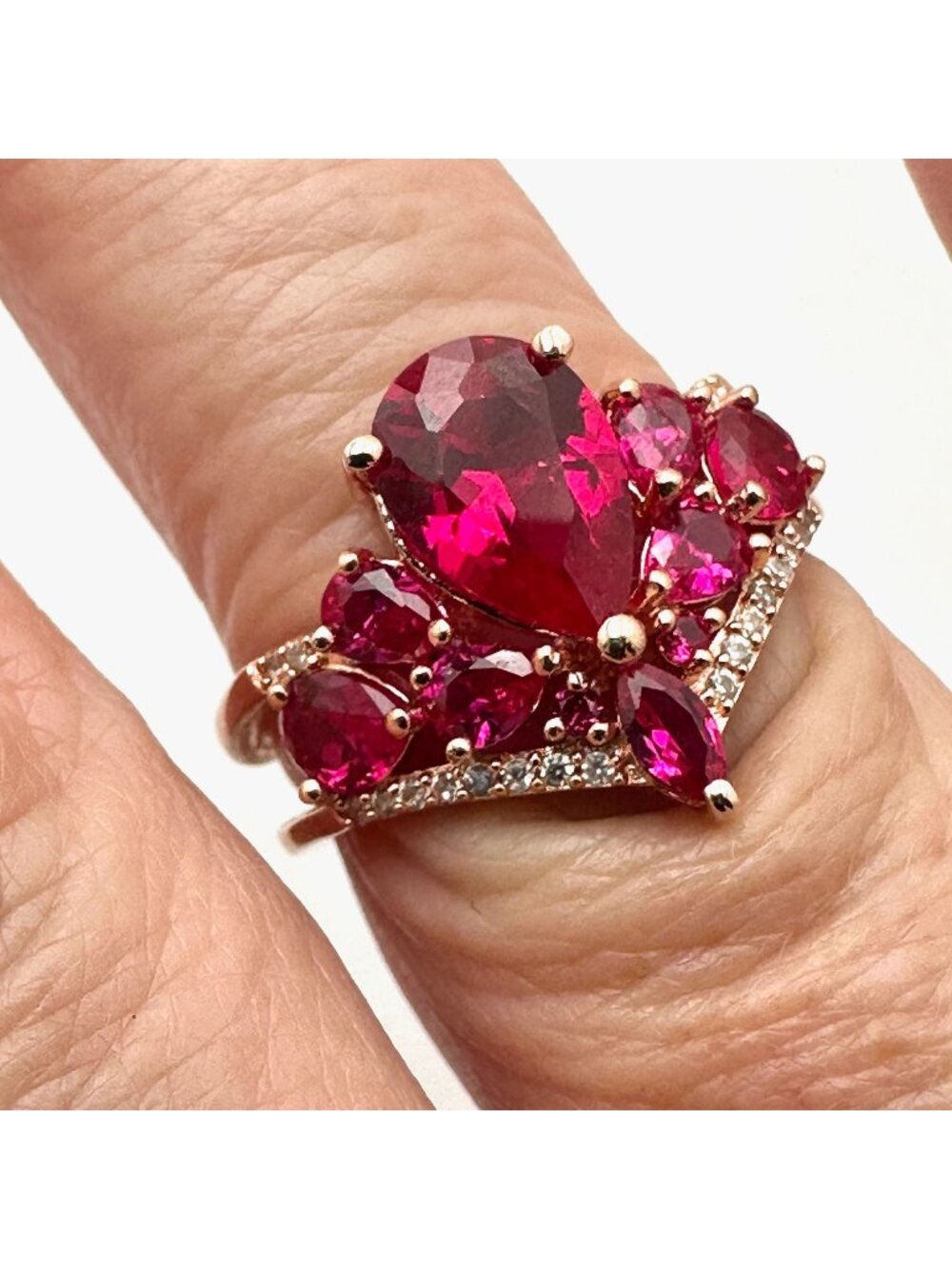 Pear-Cut Ruby Diamond Ring Rose Gold Plated Sterling Silver Size 8.5